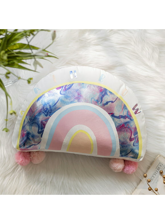 Phantoscope Kids Pillow Rainbow Shape with Pom Pom Soft Print Velvet Series Decorative Throw Pillow, 13" x 17", Pink, 1 Pack