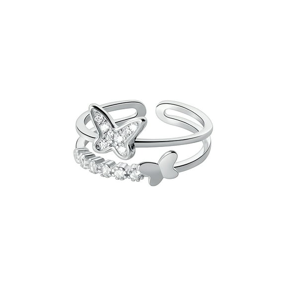 Double Bow Open-Adjustable Ring, White Gold Plated Copper with Zirconia