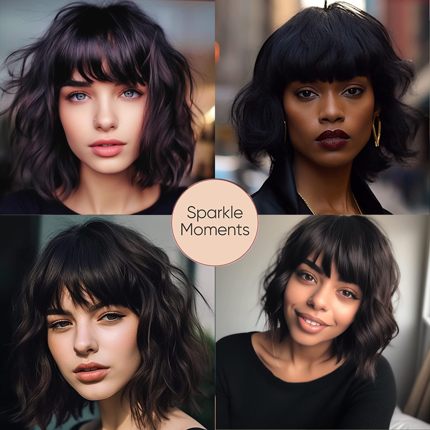 DOPI Short White Silver Wigs for Women Ombre Grey Wavy Bob Wig with Bangs Medium Length Synthetic Hair Water Wave Dark Roots Wig Gray Colorful Wigs（12 Inches）