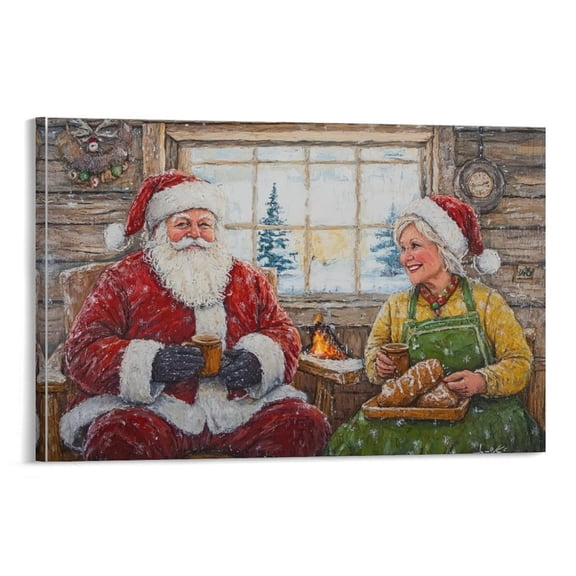 Vintage Christmas Canvas Wall Art Mr and Mrs Santa Claus Resting by Fireplace in Winter Painting for Winter Holiday Living Room Kitchen Decor