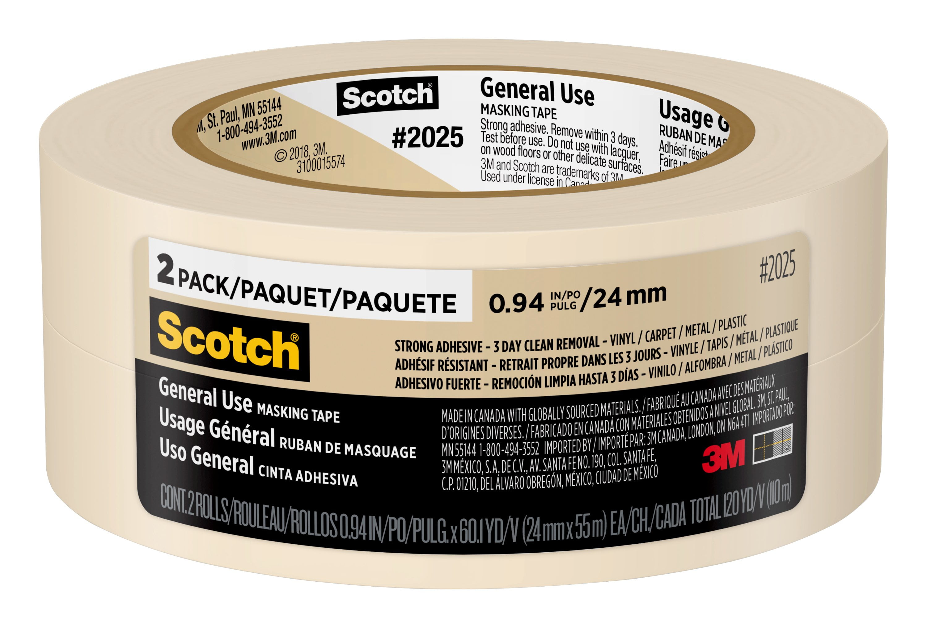 Scotch General Use Masking Tape, 0.94 in x 60.1 yd, 2 Rolls/Pack