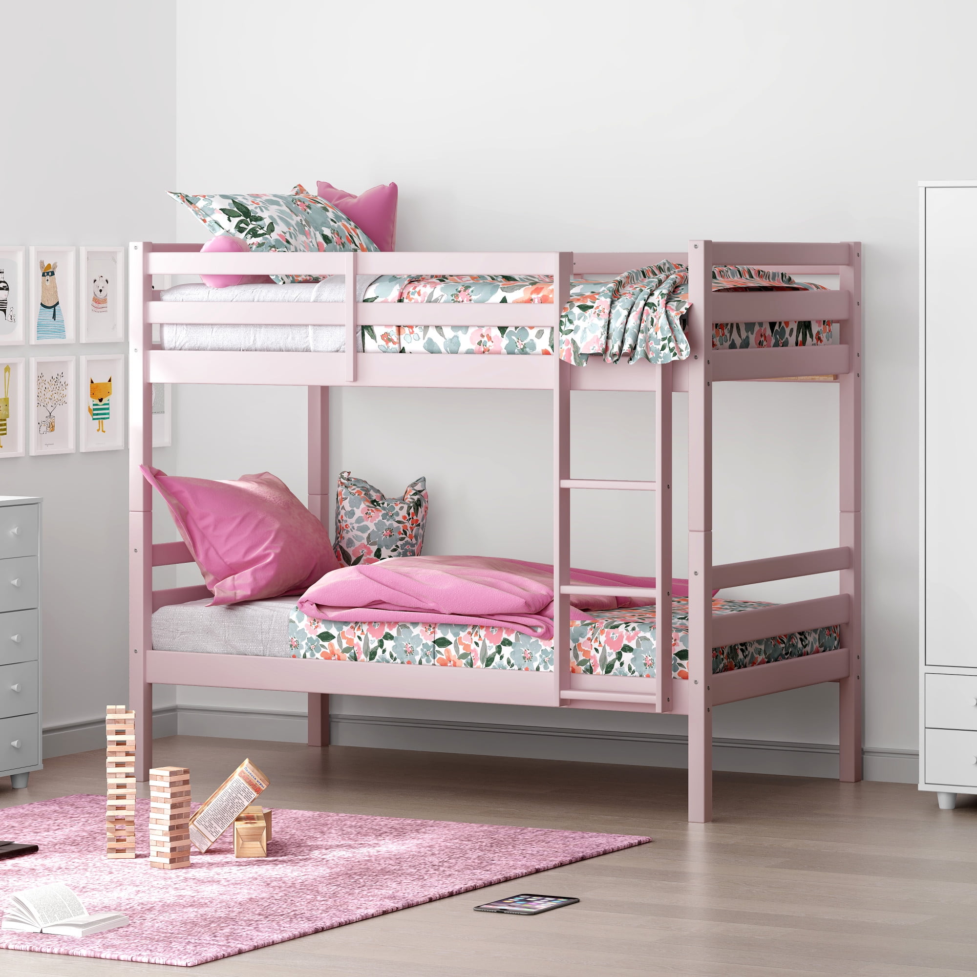 HH2Home Essentials Campbell Wood Twin Over Twin Bunk Bed, Light Pink