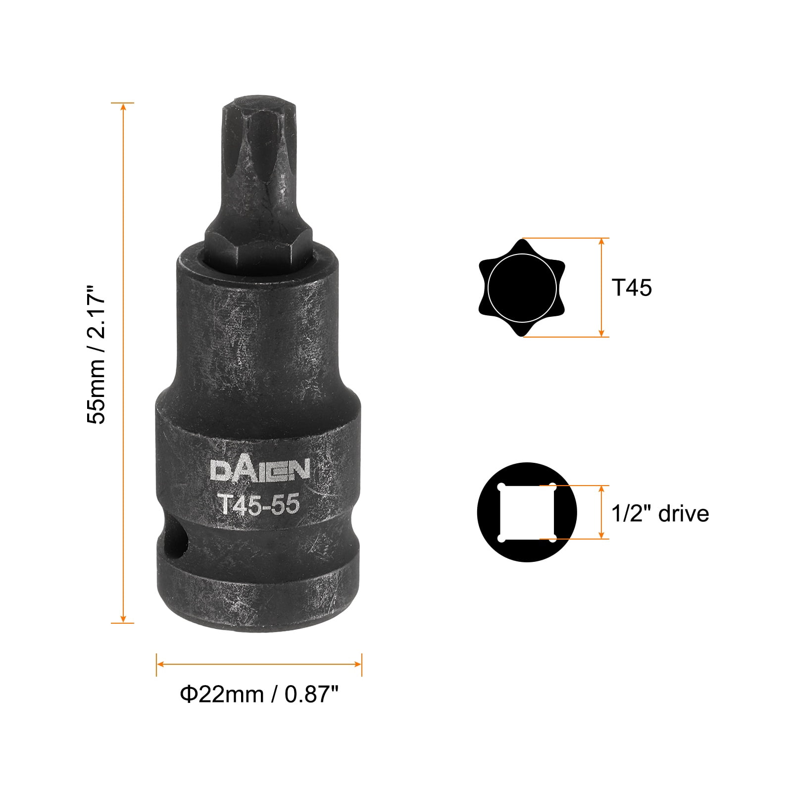 Uxcell 5pcs T45 Torx Bit Socket 55mm/2.17" Length 1/2" Square Drive Star 6 Point Extension Impact Bit Power Nut Driver Set S2 Steel Socket Ratchet Wrench Bits, Black