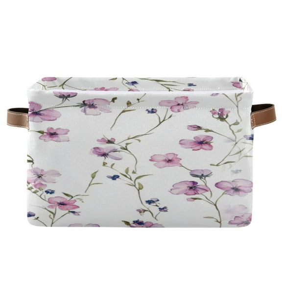 Watercolor Small Pink Wildflowers Foldable Storage Basket,Canvas Fabric Foldable Storage Bins with Handles Open Home Storage Bins Boxes for Toy Book Shelf Closet Baskets
