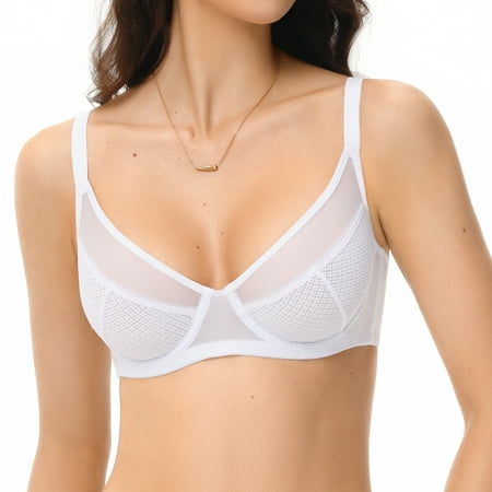 YANDW Minimizer Sheer Mesh Bras for Women Underwire Plunge Lifting Plus Size Bra  White 34F