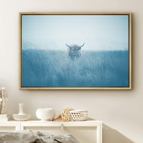 PixonSign Framed Canvas Print Wall Art Shetland Cow in Washed Out Field Animals Wilderness Photography Realism Chic Portrait Relax/Calm Blue Duotone for Living Room, Bedroom, Office - 24"x36" Natural