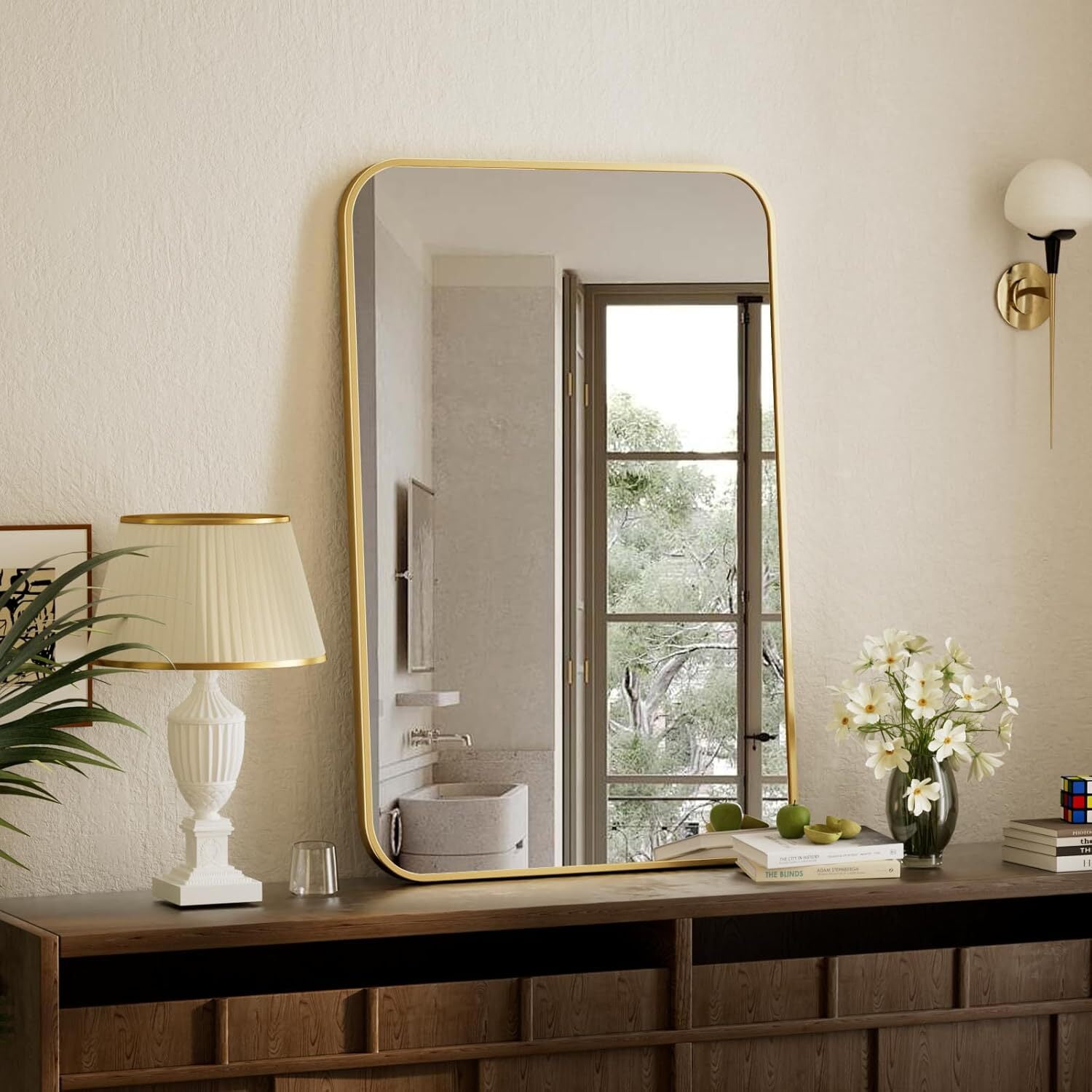 Anyrose 24"x36" Rectangle Bathroom Mirror with Rounded Corner Wall-mounted Mirror,Gold