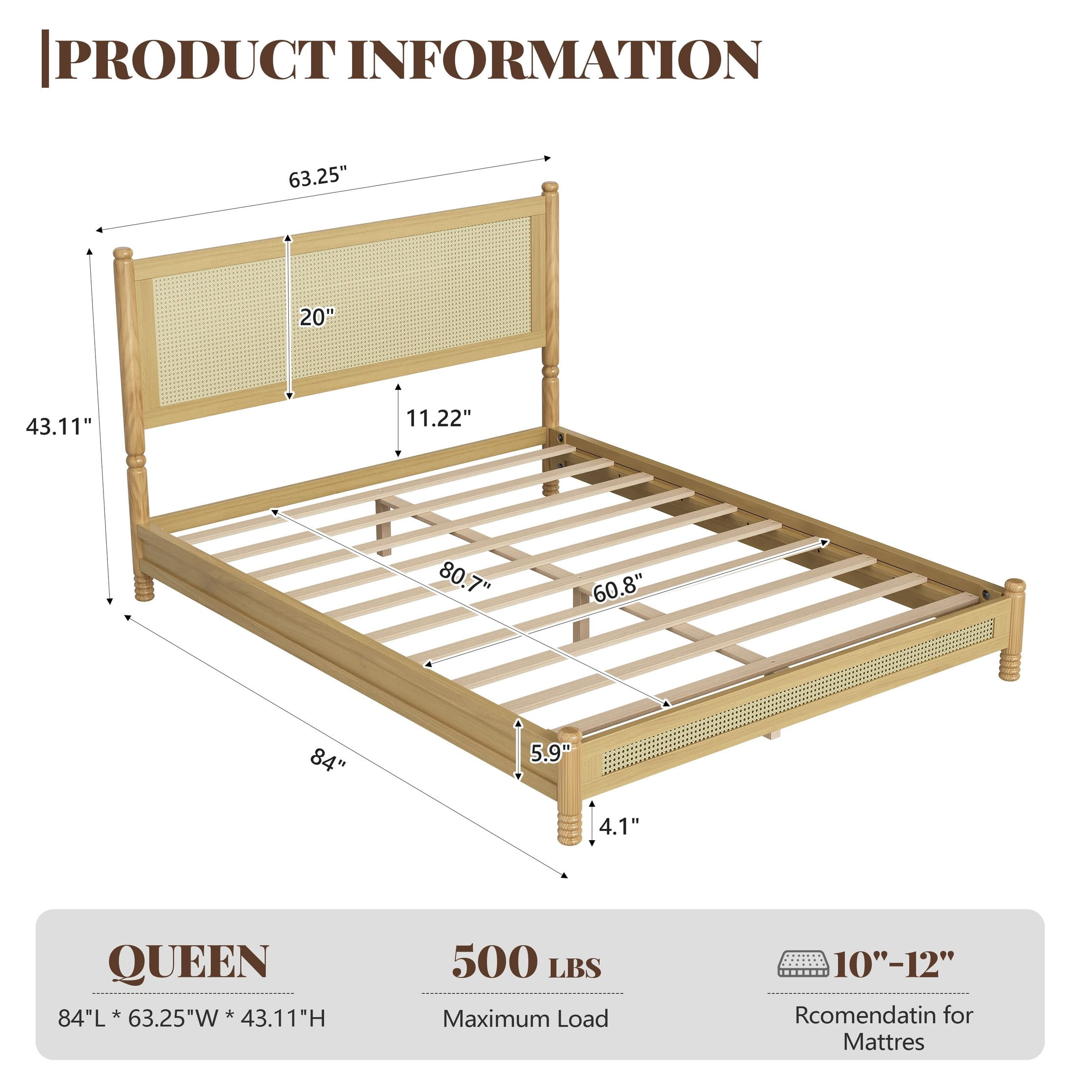 GDF Studio Annes Queen Size Boho Rattan Platform Bed Frame with Turned Legs, Woven Cane Pine Wood Bed Frame, Natural