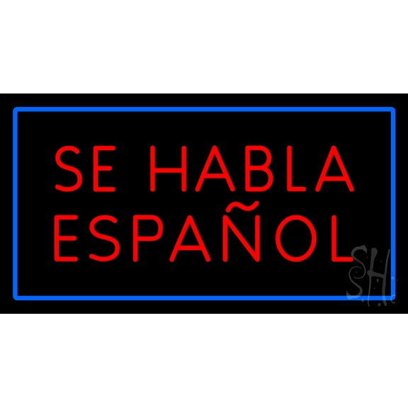 Se Habla Espanol Rectangle Blue LED Neon Sign 20 x 37 - inches, Black Square Cut Acrylic Backing, with Dimmer - Bright and Premium built indoor LED Neon Sign for restaurant window and interior decor.