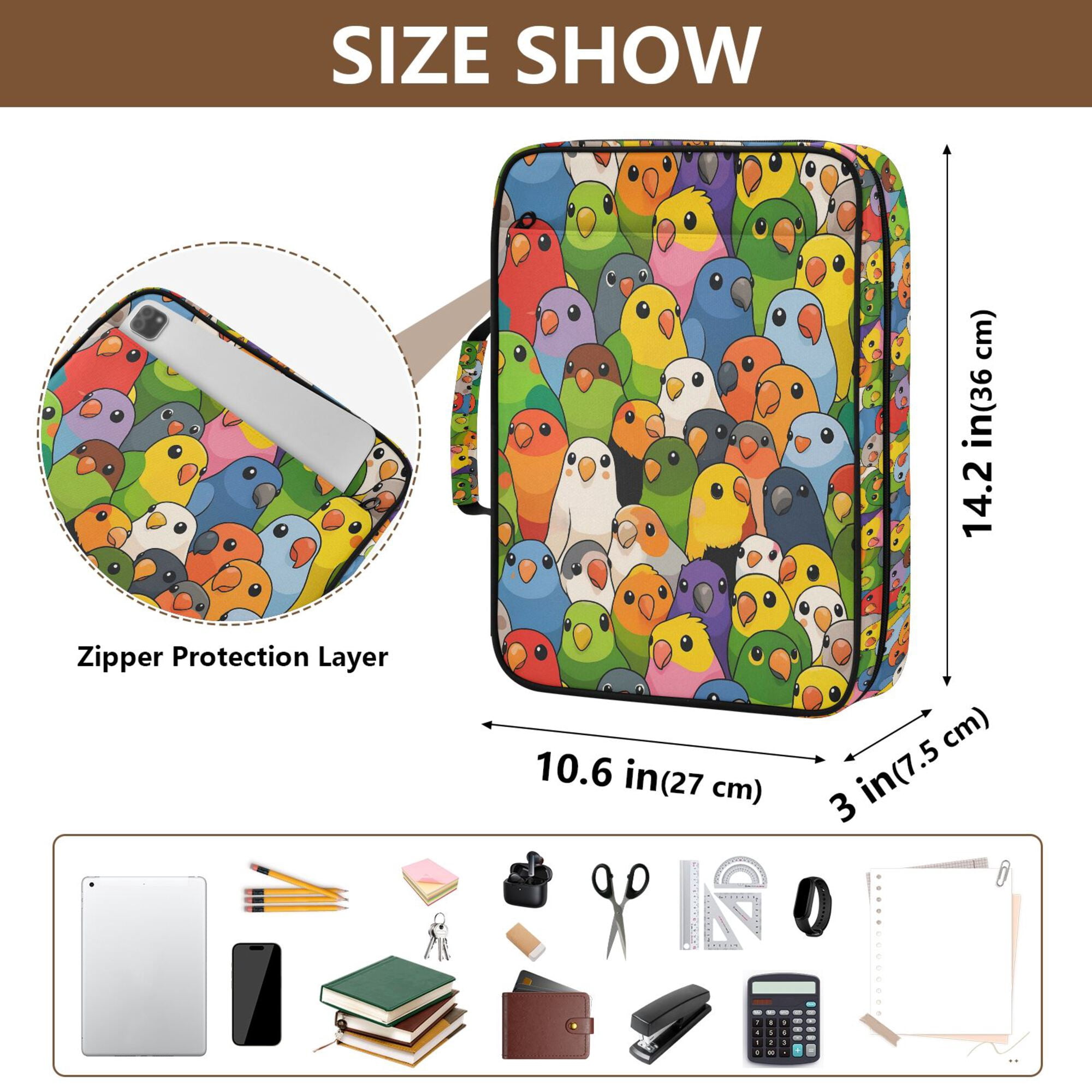 FORMRS Accordion File Folder A4 Size 7-Pocket Expanding Document Organizer Bag with 3 Ring Binder, Cartoon Birds Pattern