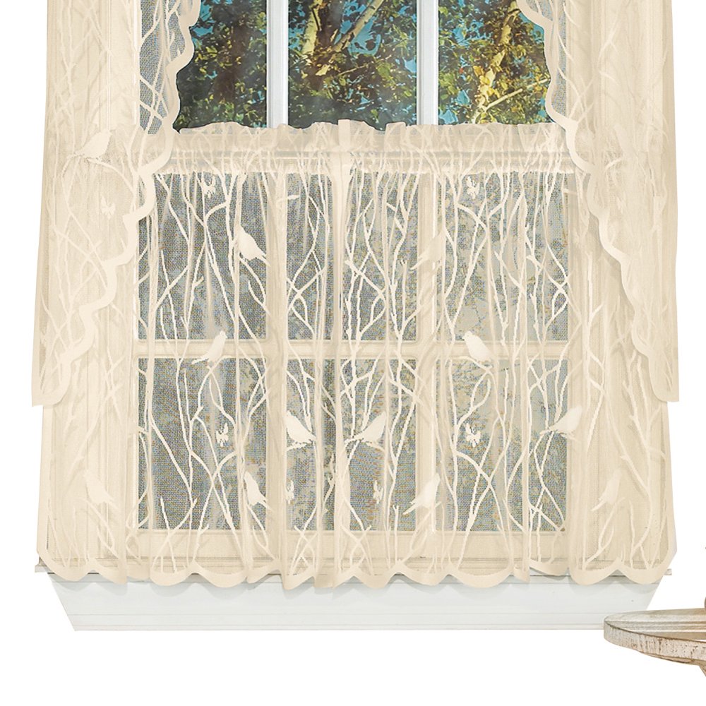 Lace Window Café Curtain Tiers with Songbirds & Branches, 56" X 24