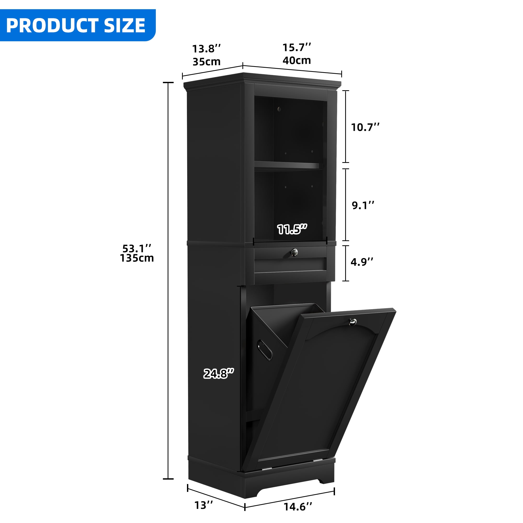 DEXTRUS 53"H Tilt Out Laundry Cabinet with Basket, Freestanding Laundry Hamper Bathroom Storage Cabinet Unit with Drawer, 2 Layer Open Shelf, Black