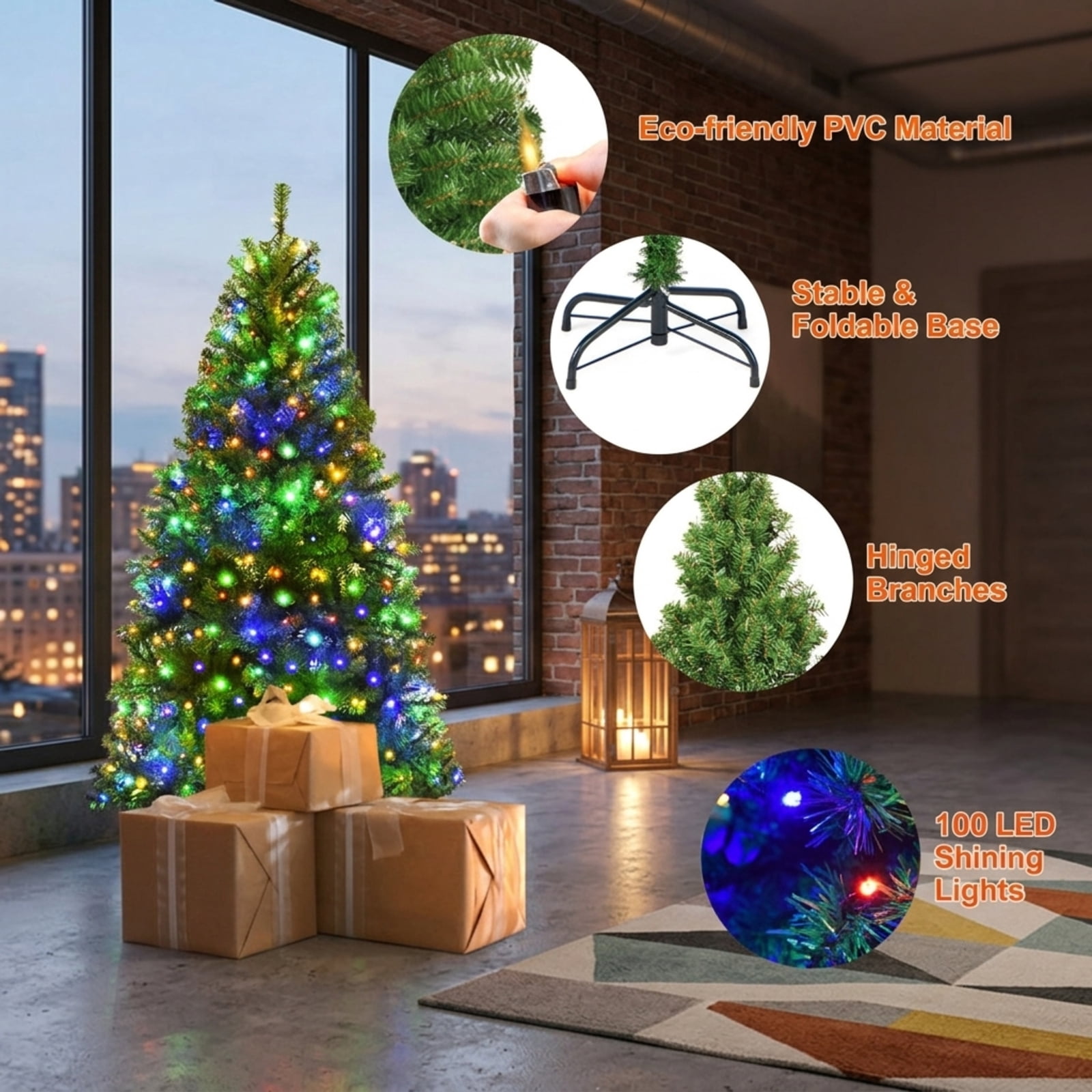 RUIE, 4 ft, Artificial Christmas Tree, with 100 LED Lights, 300 Branch Tips, Green Holiday Xmas Tree for Indoor Home Office Decoration