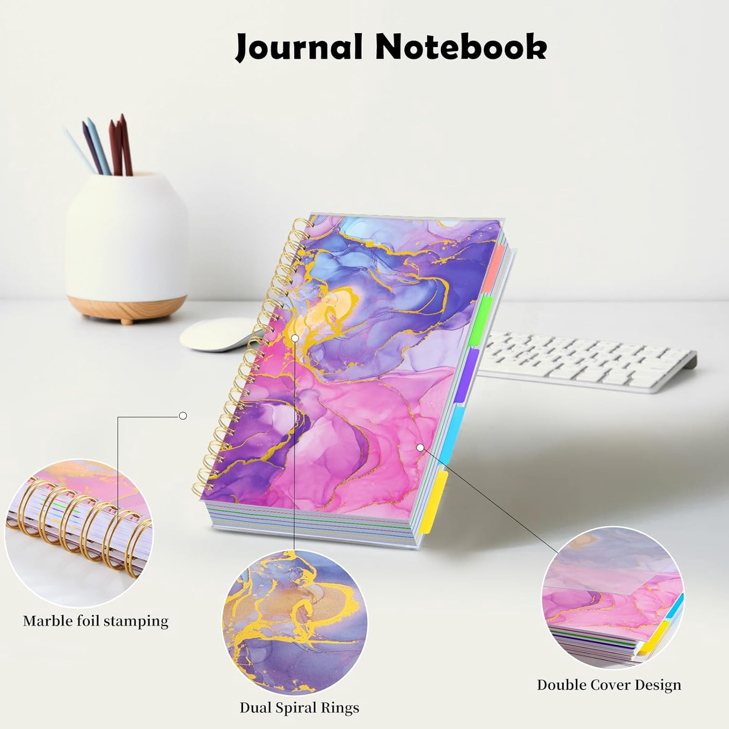 5 Subject Notebook College Ruled, A5 Spiral Notebook with Removable Pocket Dividers Tabs, Lined Organizer Notebook Journal for Women, 240 Pages Notebooks for Work School Note Taking, Pink Marble