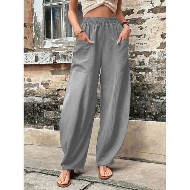 Pantalones casuales de mujer con bolsillos de color sólido, pantalones elásticos