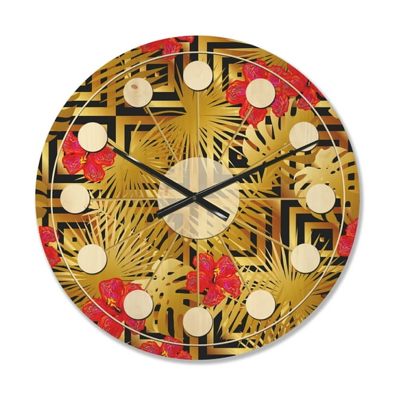 Designart 'Tropical Luxury Gold Pattern I' Mid-Century Modern Wood Wall Clock
