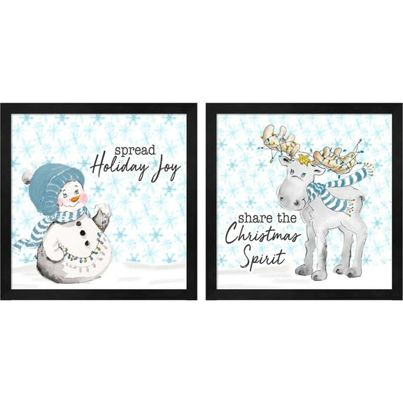 Great Art Now Blue Whimsical Christmas A by Patricia Pinto, 2 Piece Framed Art Set Each 13"W x 13"H