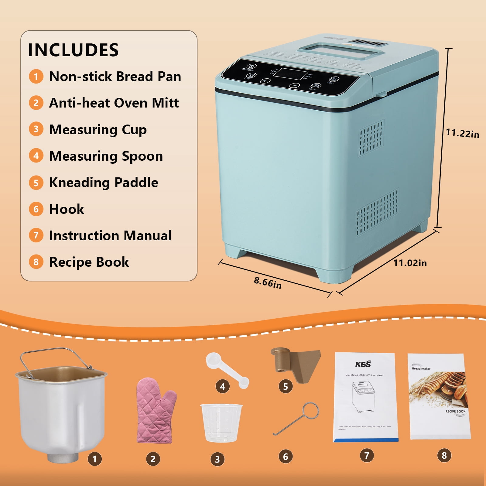 KBS  Bread Maker Machine with Ice cream program,20-in-1 2LB Fully automatic bread machine，DIY setting,15 Hour delay timer,Green Model#070 Ice cream version