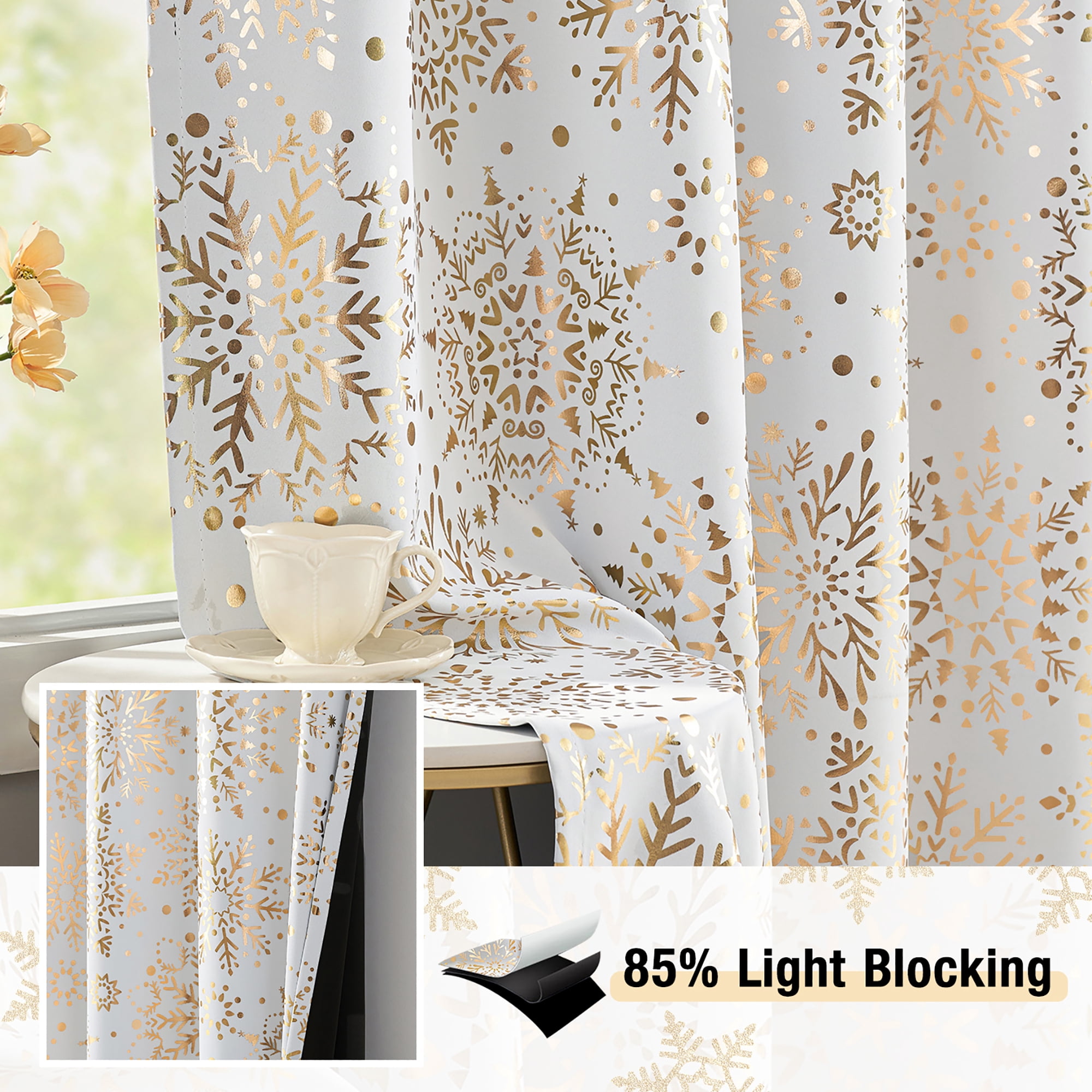 Exultantex Full Blackout Curtain Energy Saving Window Curtains with Foil Medallion Print Curtain Drapes Total Gold White Snowflake Floral,50x95,2PCS