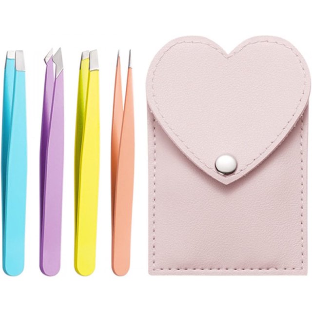 4 Pcs Tweezers Set, Eyebrow Tweezers Set with Angled Tweezers Pointed Tweezers and Heart Leather Case for Precision Facial Hair Splinter Eyebrow Hair Blackhead & Ingrown Hair Removal (Pink)