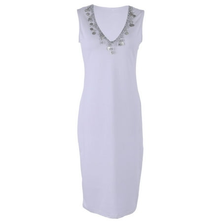 - S/M Fit White Beading Circle Charms and Metallic Trim Sheath Dress