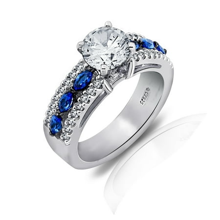 Gemour Platinum Plated Sterling Silver Swarovski Zirconia Round-Cut and Marquise Created Sapphire Ring Size 6