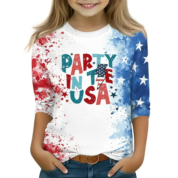 Mlqidk Usa Shirts for Girls 10-12 3/4 Sleeve 4th Of July American Flag T-Shirt Kids Independence Day Stars and Stripes Crew Neck Tee Tops Kids Light Blue 10-11Y