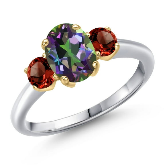 Gem Stone King 10K Two Tone Gold Green Mystic Topaz and Red Garnet Engagement Ring for Women | 2.32 Cttw | Oval 8X6MM | Gemstone November Birthstone | Size 8