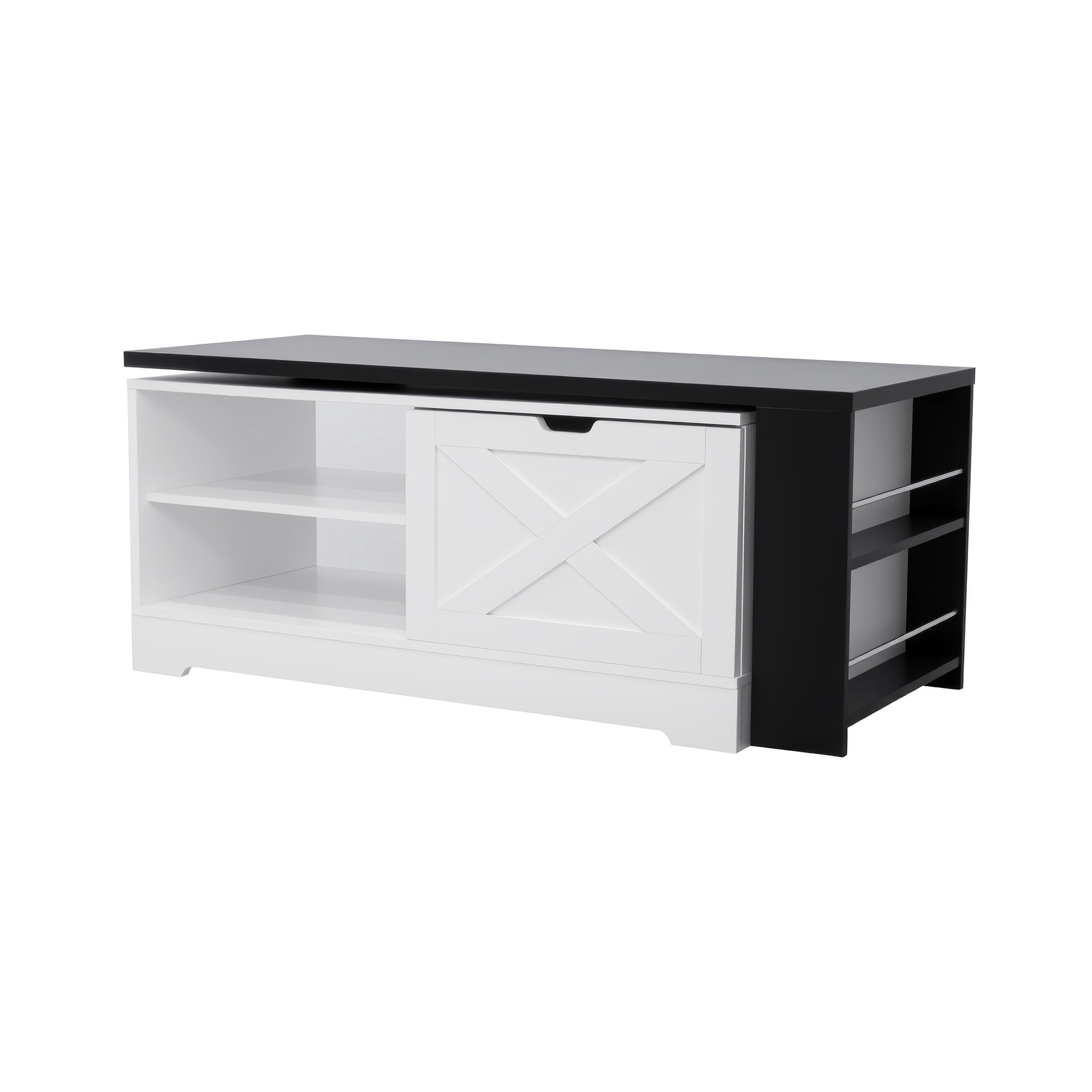 Leumius Lift Top Coffee Table with Storage,Rectangle Wood Center Table With Barn Doors and Open Cabinet, For Living Room, Bedroom, Home Office,White+Black