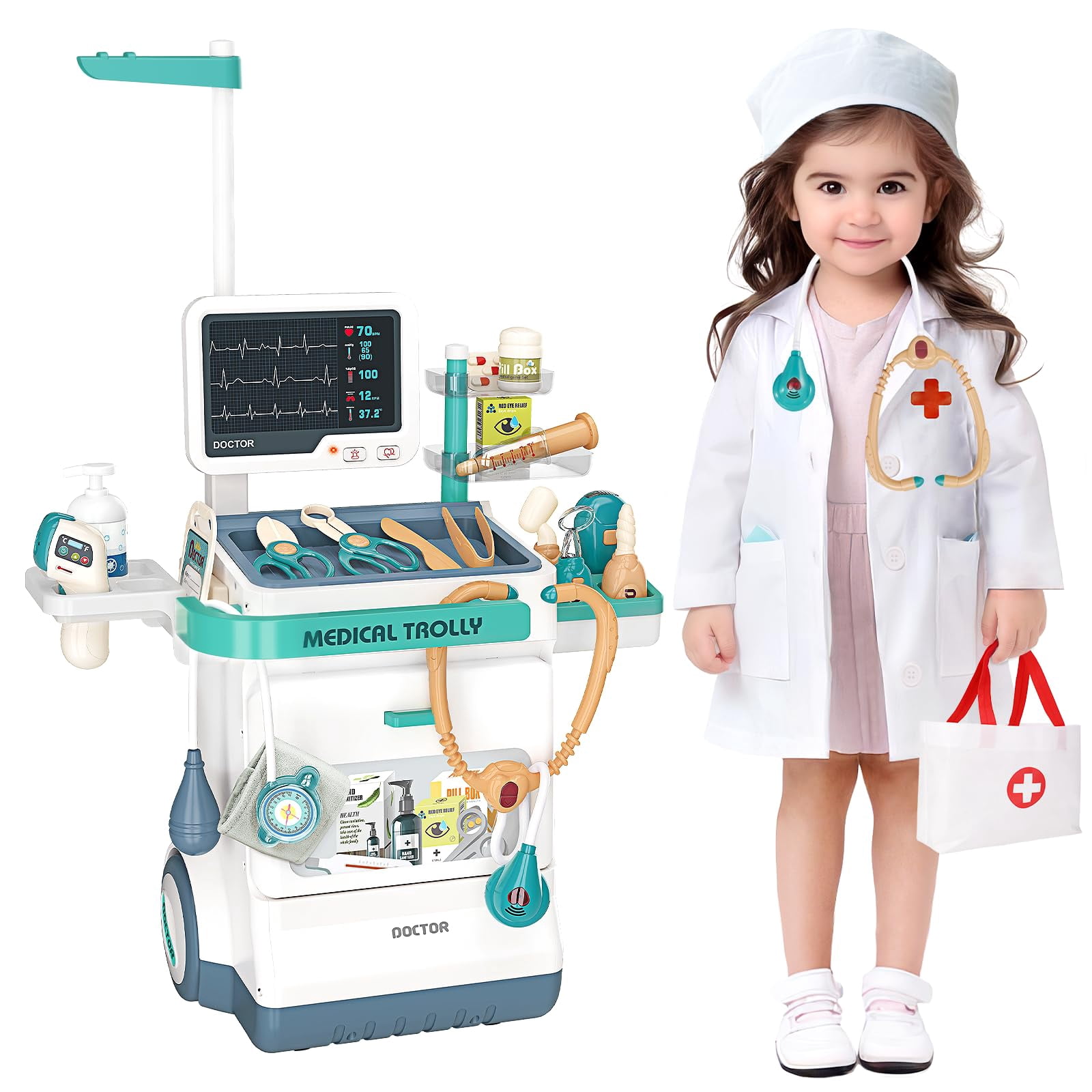 Kit Docteur Enfant Avec Chariot, Costume, Stéthoscope – Jouet Médical Rôle, Fille Garçon 3-8 Ans, Cadeau Anniversaire