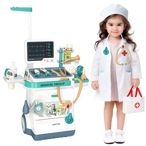 Jovow Trousse de Médecin pour Enfants, Ensemble de Poste Médical de Jeu d'Imitation pour Garçons et Filles, Jouet de Trousse Médicale de Jeu d'Imitation, Chariot Mobile avec Fonctions Son et Lumière, Trousse de Médecin pour Tout-Petits