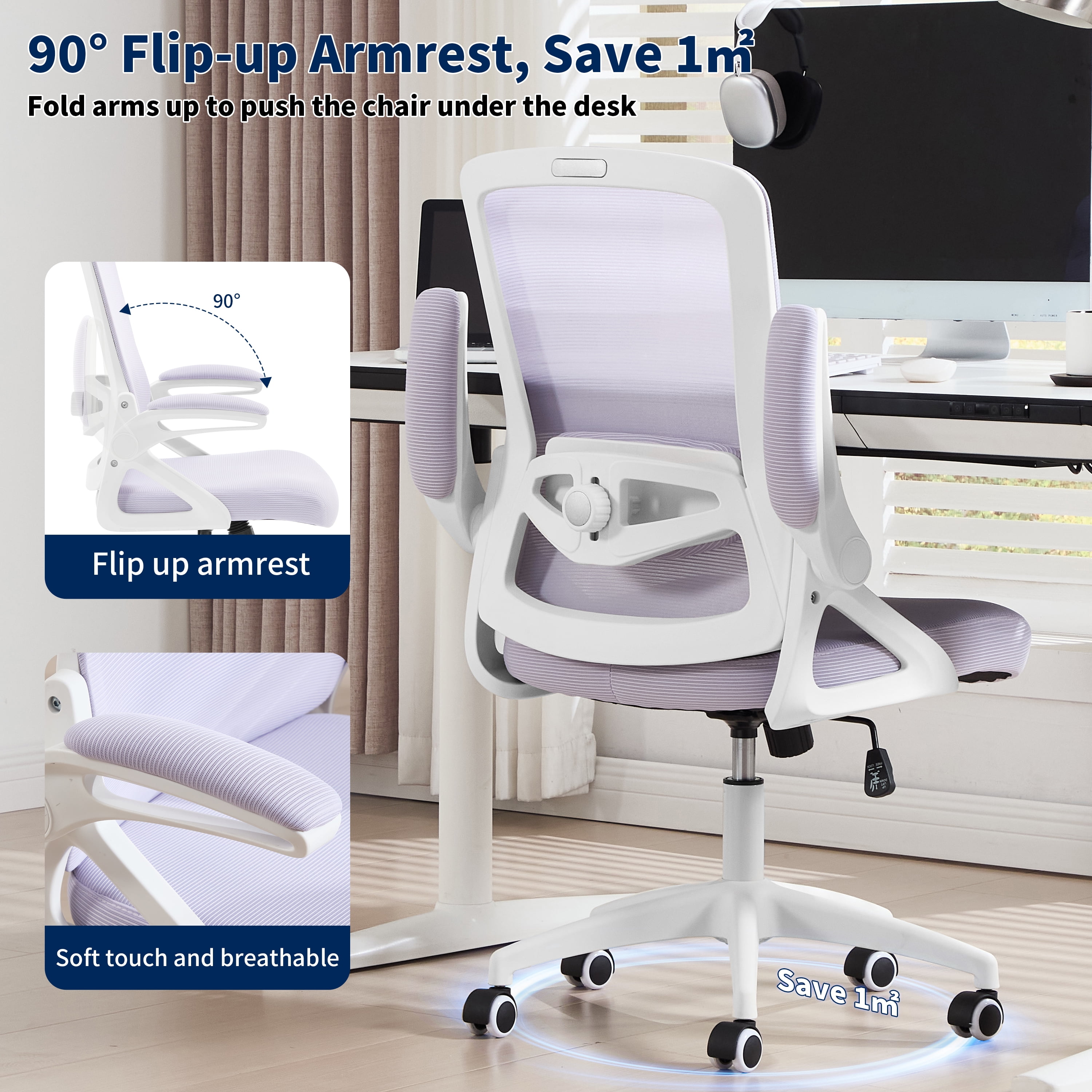 Nexthro Ergonomic Office Chair, Desk Chair with Adjustable Lumbar Support, Breathable Mesh Comfy Computer Chairs with Flip-up Armrests Executive Task Chair for Adults Home Office(Lavender)