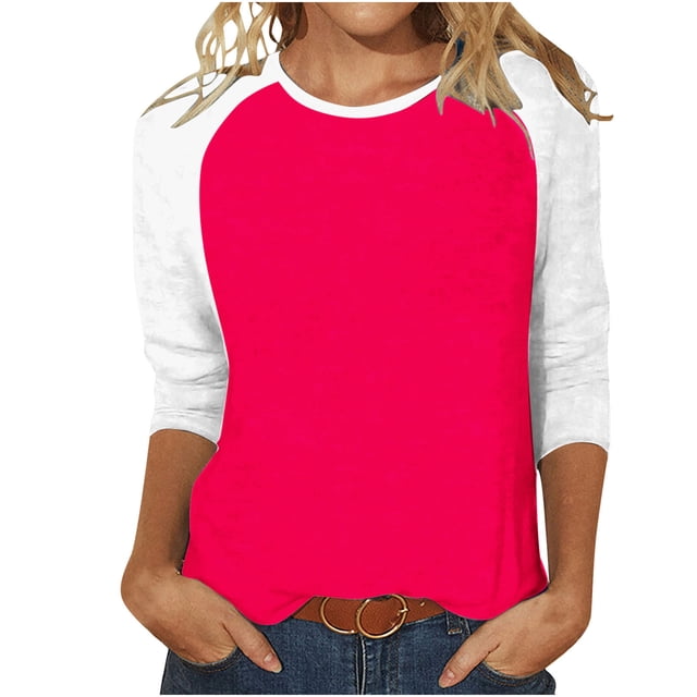FNFYFH Chandails Raglan pour Femmes Chic Manches 3/4 T-Shirt de Baseball Tunique Col Ras du Cou T-Shirt à Blocs de Couleur Été Tendance Manches 3/4 Hauts Mignons Décontractés Coupe Ample Haut Respirant Prime Day Liquidation