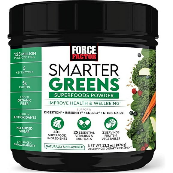 Force Factor Smarter Greens Superfoods Powder to Support Digestion and Bloating, Immunity, and Energy, Greens Powder with Probiotics, 30 Servings