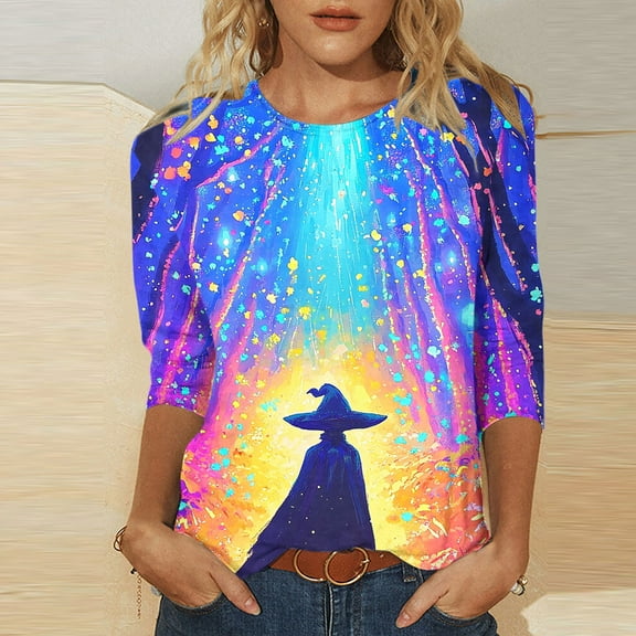 VKOYWKM Women Tops Halloween Shirts 3/4 Sleeve Halloween Witch Print Halloween Top Loose Fit Crew Neck Fall Blouses Halloween Gifts for Women