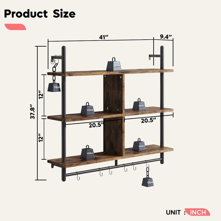 Bestier Industrial Pipe Shelves, 3-Tier Wall Mount With 8 Hooks photo 3