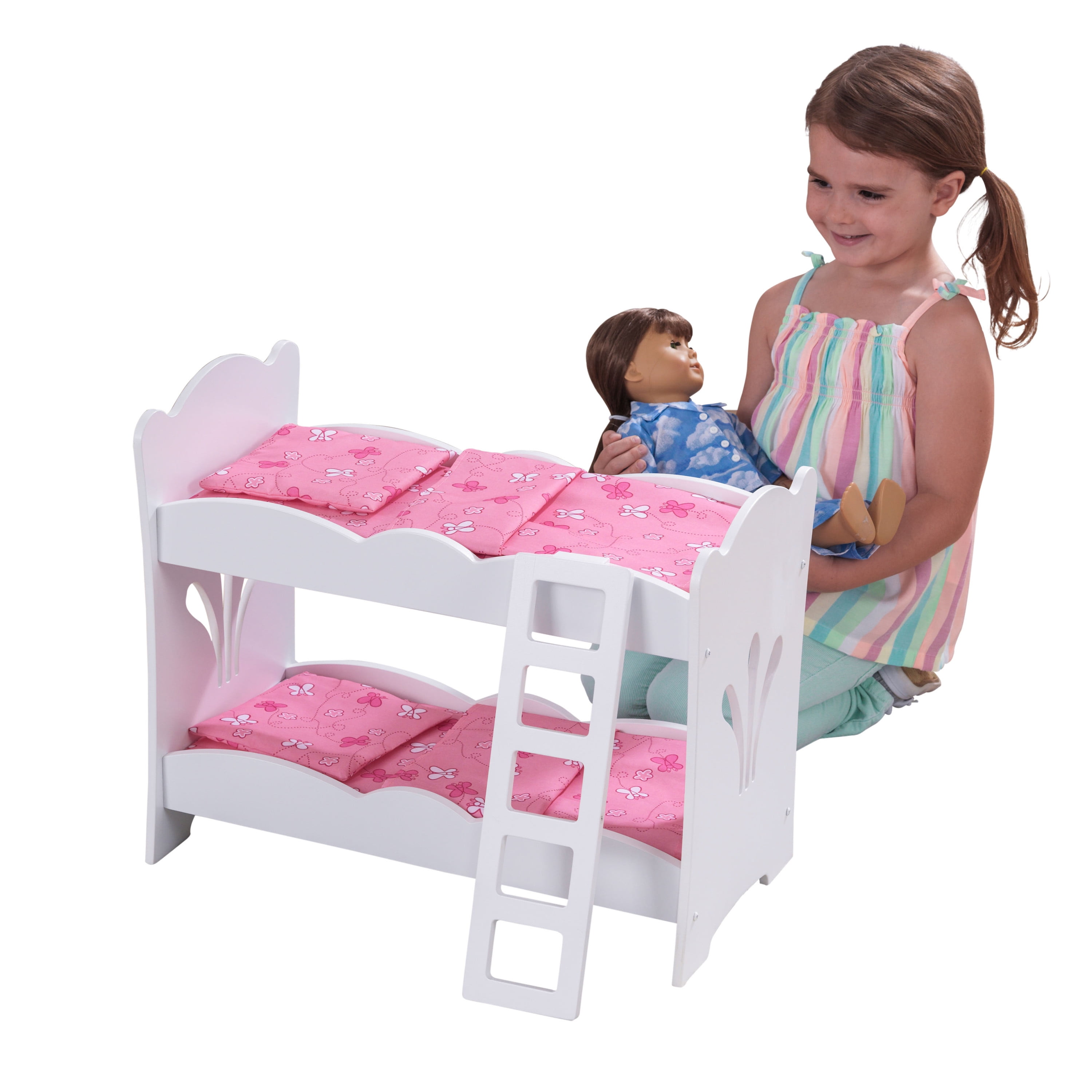 White Wooden Doll Bunk Bed for Baby Toys Playcenter Children Dolls Home Furniture with Pink Bed Set