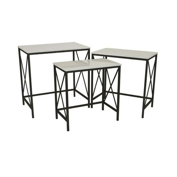 Benjara Zoe Plant Stand Table Set of 3-Metal-Rectangular Marble Top-Black Metal