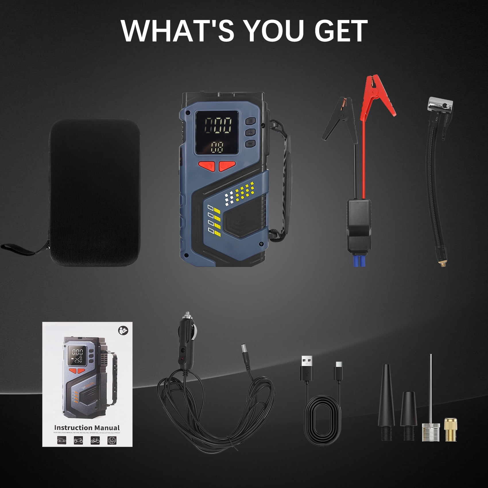 Portable Jump Starter with Air Compressor, 6000mAh 12V Car Battery Jumper for 4.0L Gas/2.5L Diesel, Smart Clamp, LED Display, SOS Flashlight with Storage Case