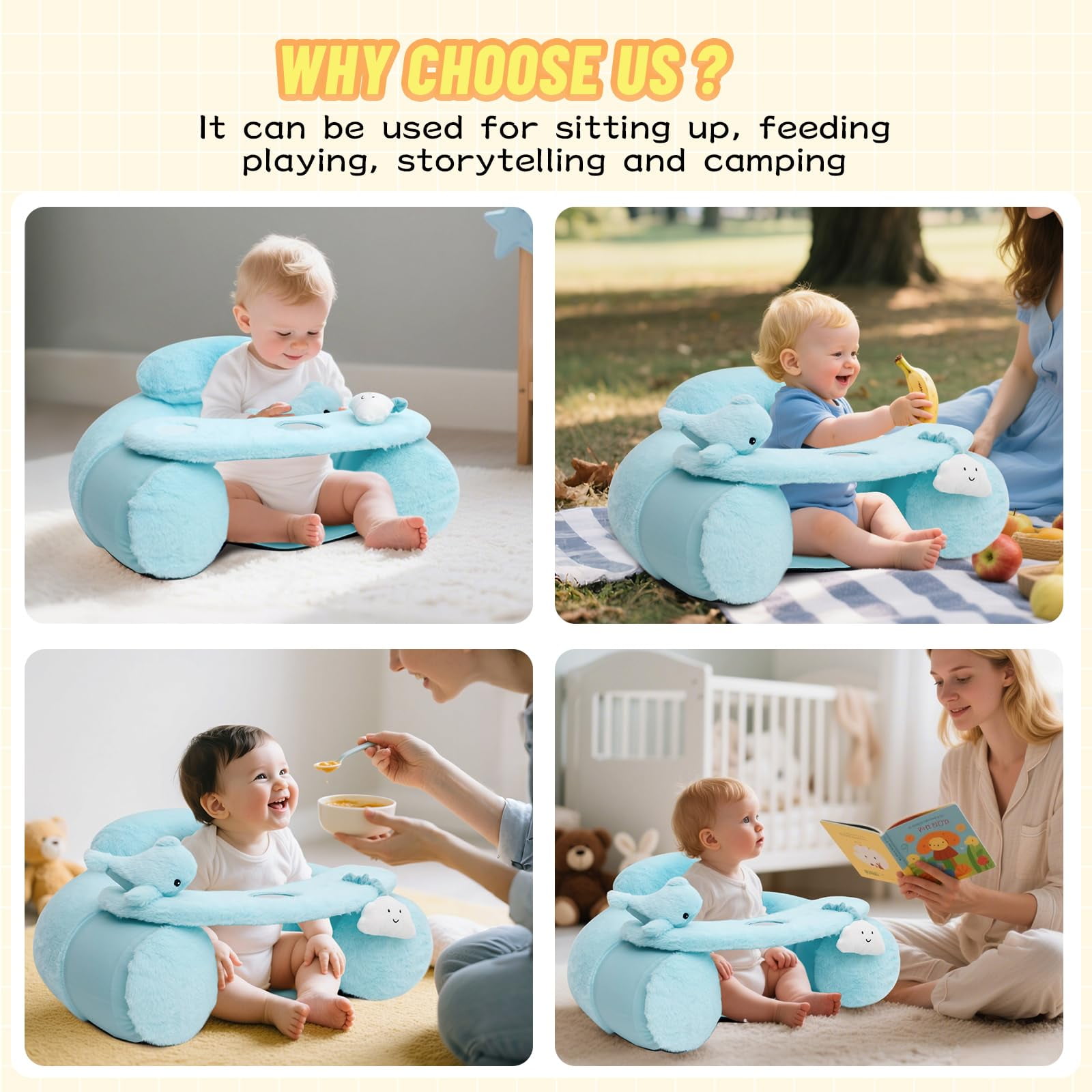 Baby Sit Me Up Seat, Inflatable Baby Seat with Cover for Babies 3-36 Months,Portable,Inflatable Sit & Play Floor Seats for Sitting Up (Blue)