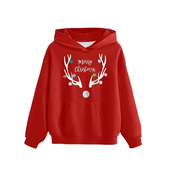 Kids Christmas Hoodie Sweatshirts Girls Boys Long Sleeve Festival Cute Hoodies Fashion Loose Pullover Shirts 5 Years, Red
