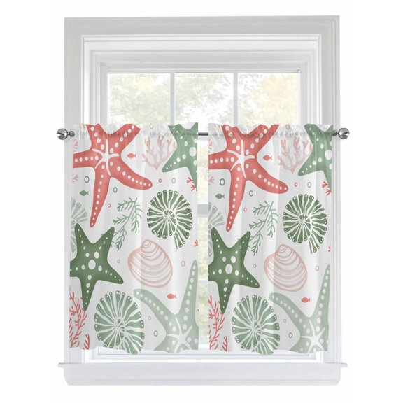 Tier Curtains 45 Inches Long, Red Sage Green Starfish Coastal Window Treatment Curtain Drapes, Beach Nautical Coral Sea Window Half Privacy Curtains for Bedroom Bathroom, 42"x45", 2 Panels