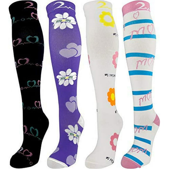 4 Pair Large/X-Large Extra Soft Colorful Moderate Graduated Compression Socks 15-20 mmHg. Mens & Womens Comfort Blend. Celebrate Mom Designs
