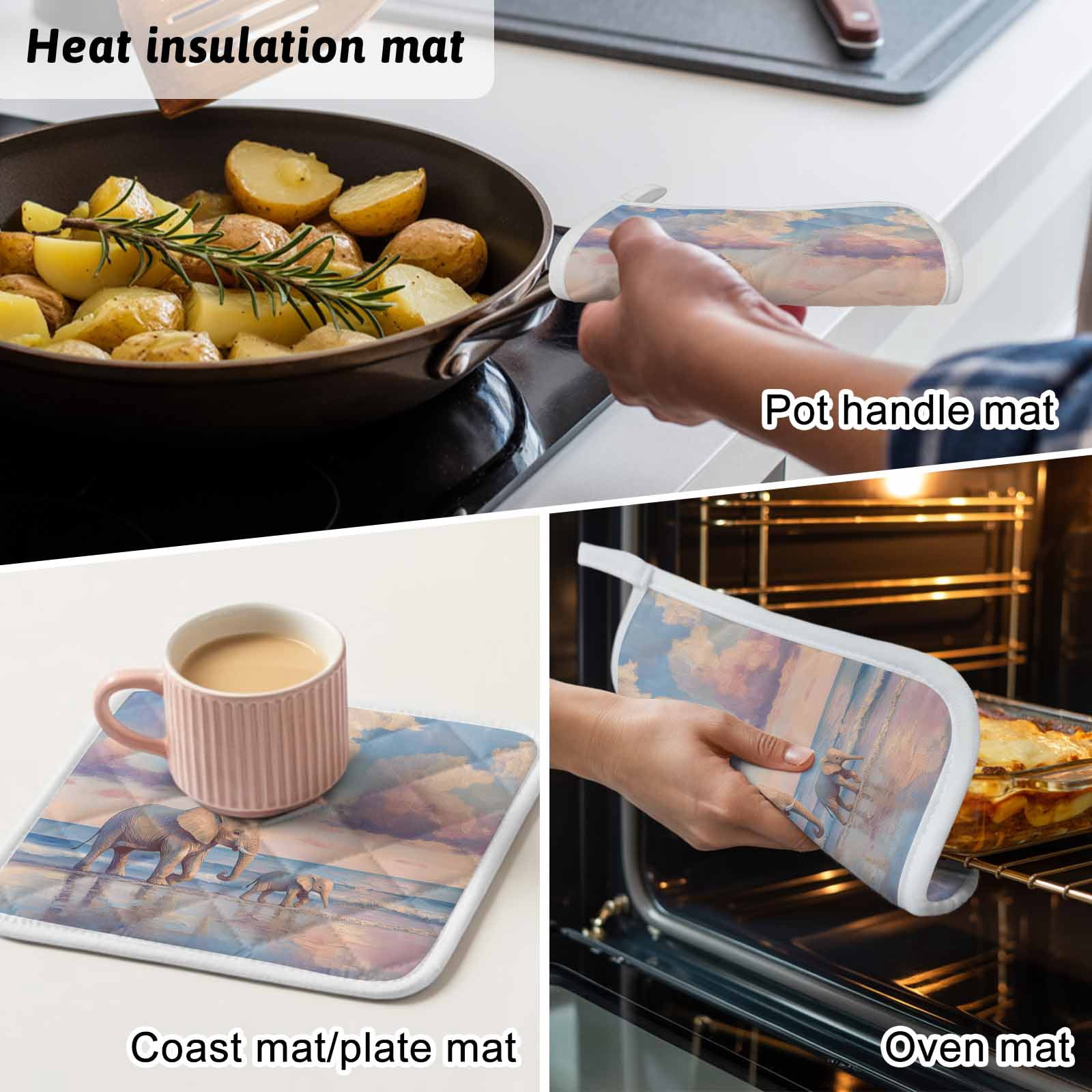 Beach Elephant Pot Holders for Kitchen Heatproof Potholder, 3 Pack Natural Seaside Scenery Modern Paint Art Hot Pads Multipurpose Oven Pads Cloth Potholders Trivet for Cooking Baking
