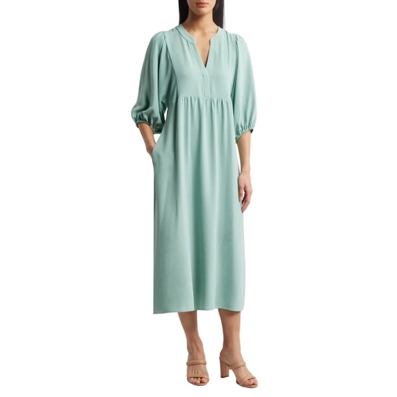 Connected Apparel Round Deep V-Neck 3/4 Puff Sleeves Maxi Dress Color: SEAFOAM, Size: 4