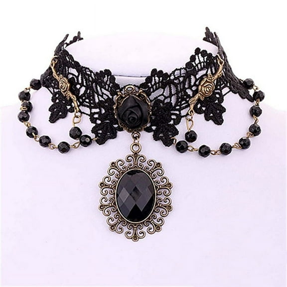 Lolita Gothic Black Rose Flower Lace Choker Collar Necklace Beads CA QAYHUK WA