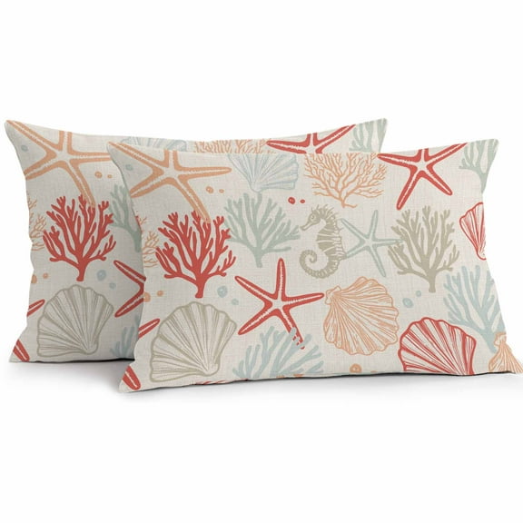 Orange Red Coastal Waterproof Outdoor Throw Pillow Covers 12''x20'' Pack 2, Pillow Cases Throw Cushion Cover with Zipper, Ocean Coral Starfish Shell Seahorse Washable Pillowcase for Poolside Sofa