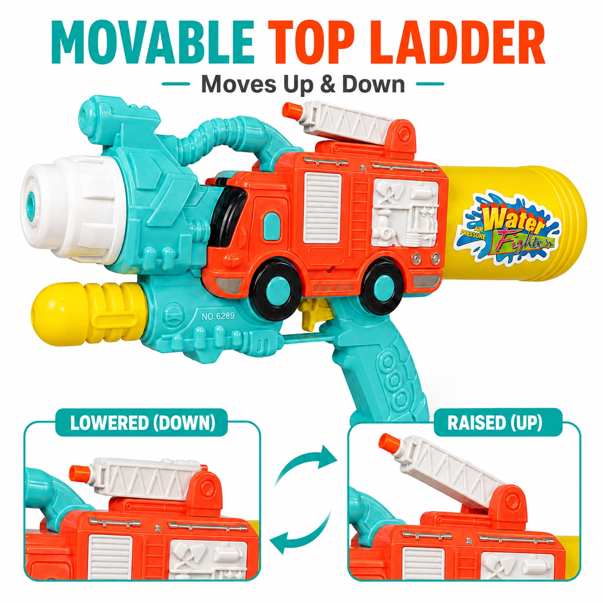 Firetruck Water Blaster Outdoor Toy, 15 Inch Water Shooter with Refillable Bottle, Tube Connection, Movable Top Ladder, Pump Action Water Spray Toy for Kids Summer Play