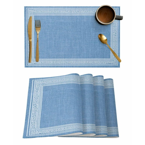 Blue Geometric Placemats Set of 4, White Greek Key Design Burlap Modern Art Placemats for Dining Table, Place Mats for Kitchen Tabletop, Waterproof Wipeable Dining Table Mats Set