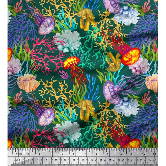 Soimoi Polyester Crepe Fabric Coral & Jellyfish Ocean Printed Craft Fabric by The Yard 52 Inch Wide
